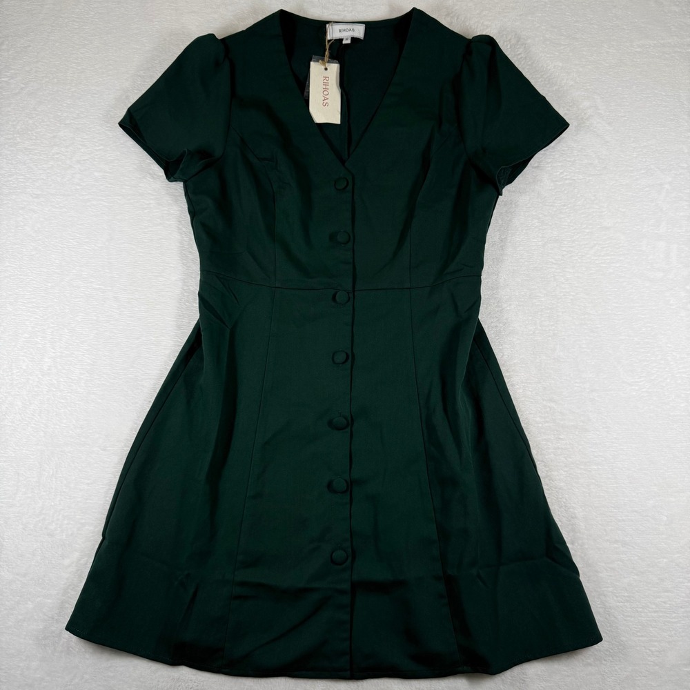 RIHOAS Womens Dark Green Button Down V-Neck Puff Sleeve Mini Dress Size M NEW